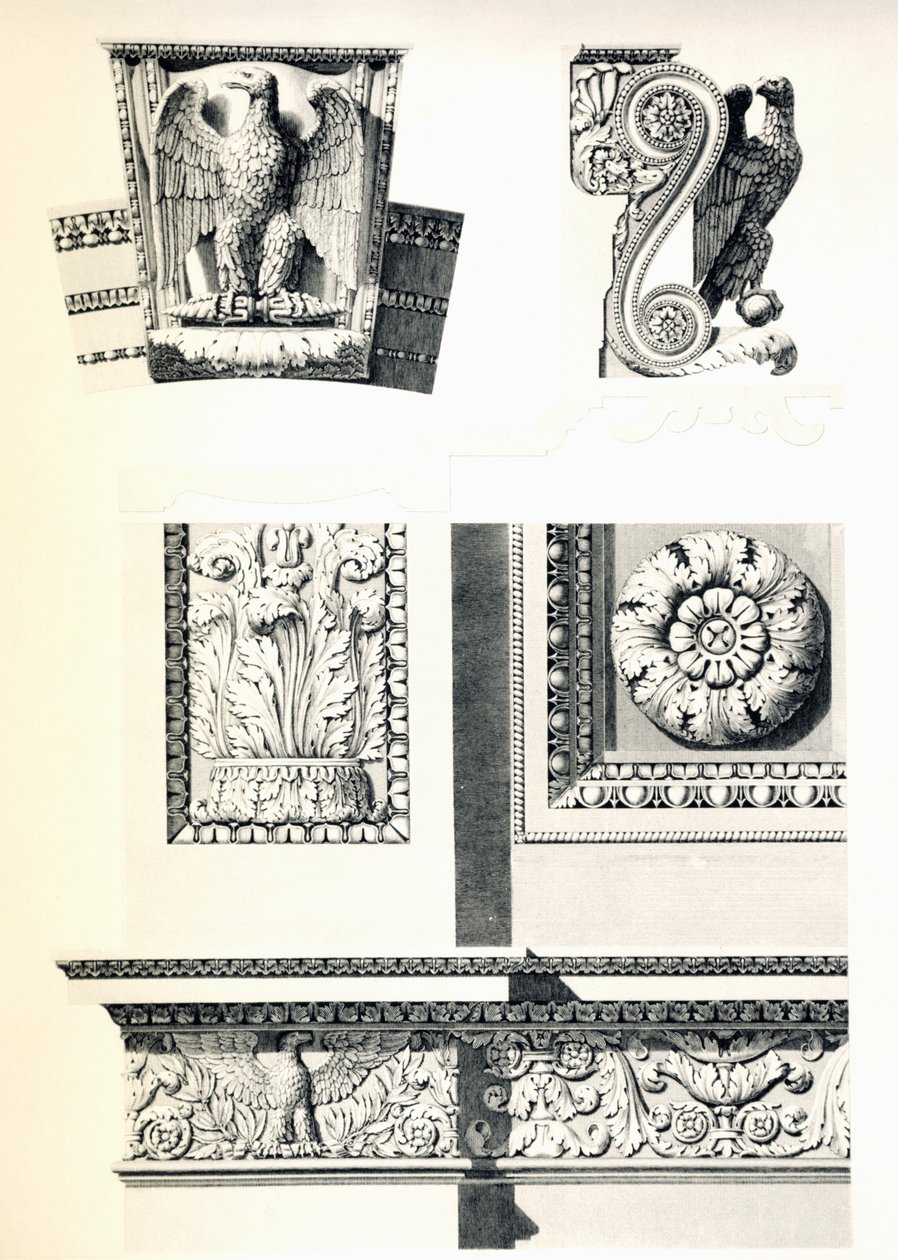 Dekoration med ørne, rosetter og akantusblade til Arc de Triomphe du Carrousel, af Charles Percier (1764-1838) og Pierre Francois Leonard Fontaine (1762-1853), gravering af Louis Pierre Baltard (1764-1846), detalje, Frankrig af Charles Percier