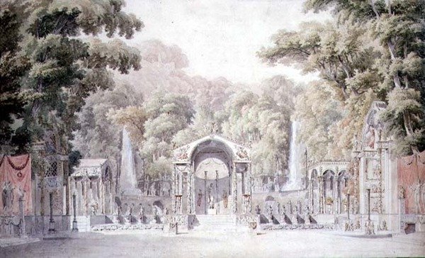 Design til et scenesæt med et Venus-tempel i en skovklædt have til Gretrys 
