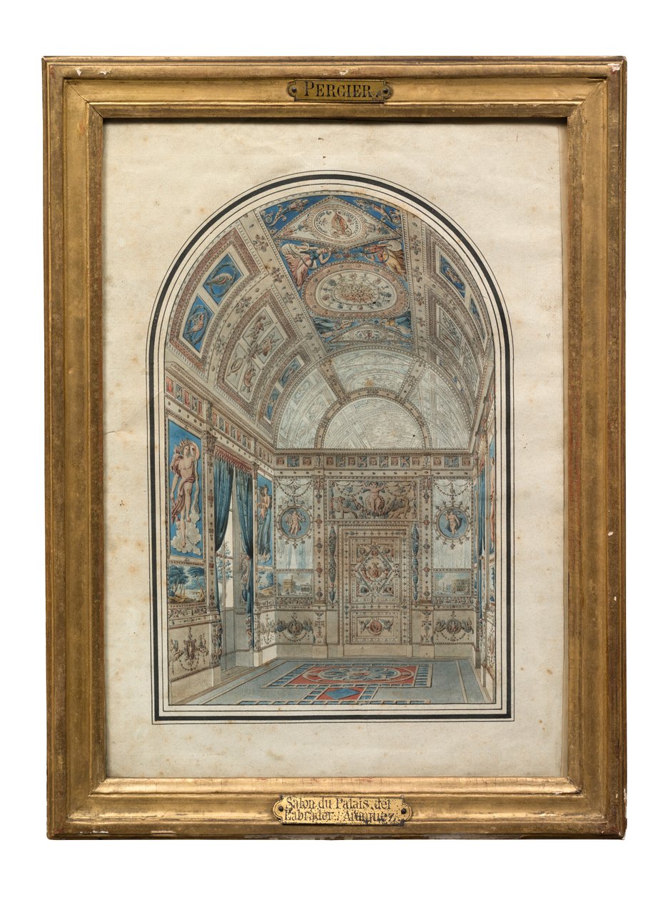 Værelse i Casa del Labrador, Royal Palace of Aranjuez (pen, blæk & wc på papir) af Charles Percier