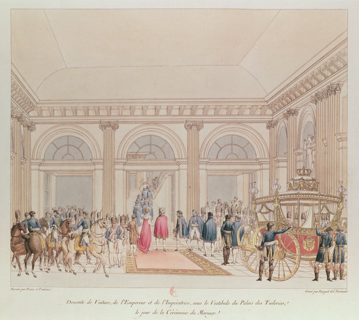 Kejserens og kejserindens nedstigning fra vognen under forhallen på Tuileries-paladset på dagen for deres bryllup (farvegravering) af Charles Percier