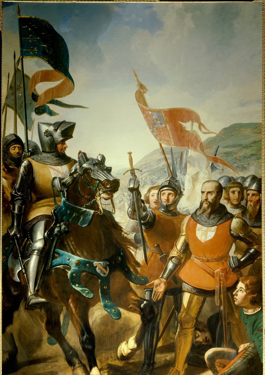 Hundredårskrig (1337-1453): detalje af "" Slaget ved Cocherel, nær Evreux vundet af Bernard du Guesclin (1320-1380) på tropperne fra kongen af Navarra, den 16/05/1364"" Maleri af Charles Philippe Lariviere (1798-1876) omkring 1837 søn. 4,2x2,6 m. af Charles Philippe Lariviere