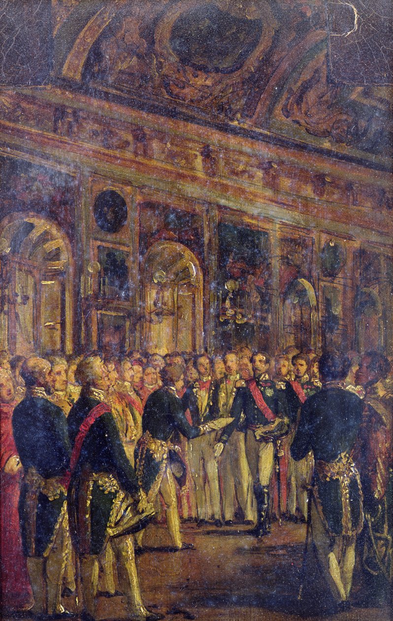 Senatet præsenterede Louis Napoleon Bonaparte (1808-73) med resultatet af folkeafstemningen, der udråbte ham til kejser, i Saint-Cloud, 1. december 1852, 1852-71 af Charles Philippe Lariviere