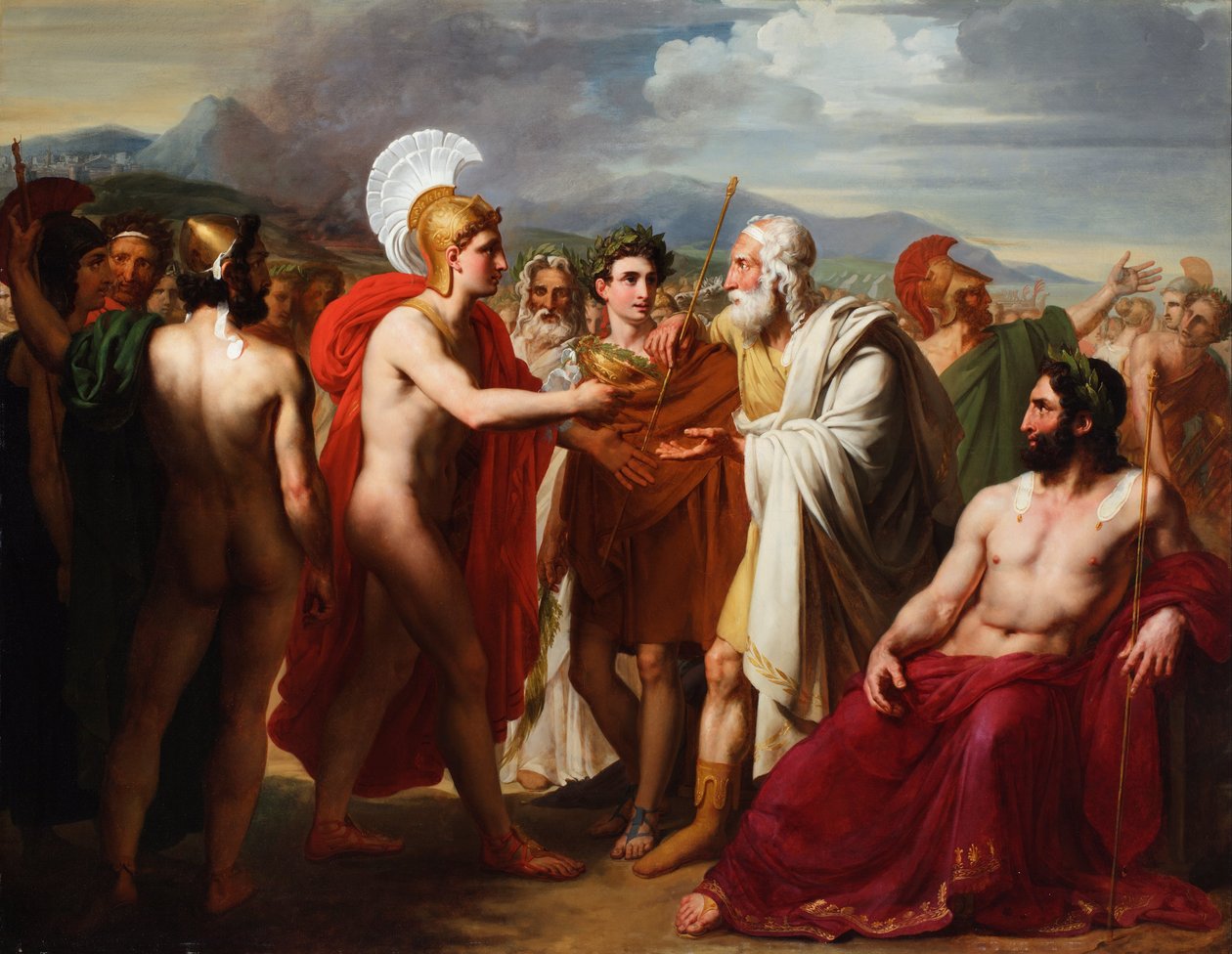 Achilleus overrækker prisen for visdom til Nestor under begravelseslegene af Charles Philippe Lariviere