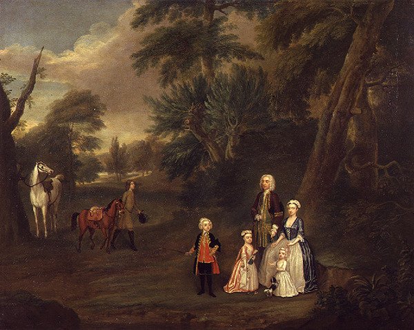 Thomas Hill of Tern og hans familie i et landskab, 1730 af Charles Phillips
