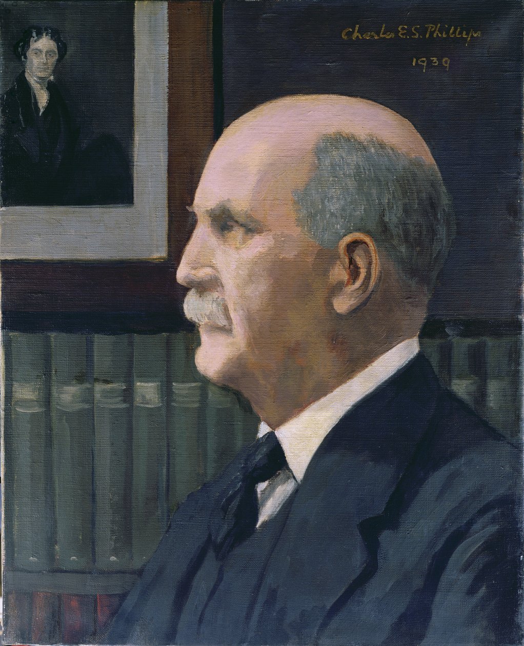 William Henry Bragg (1862-1942) med et billede af Michael Faraday (1791-1867) i baggrunden, 1939 af Charles Phillips