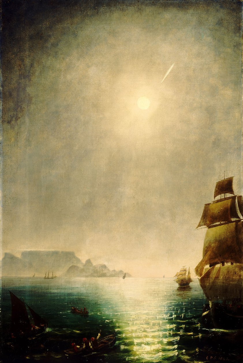 Udsigt i måneskin over Table Bay med den store komet fra 1843 af Charles Piazzi Smyth