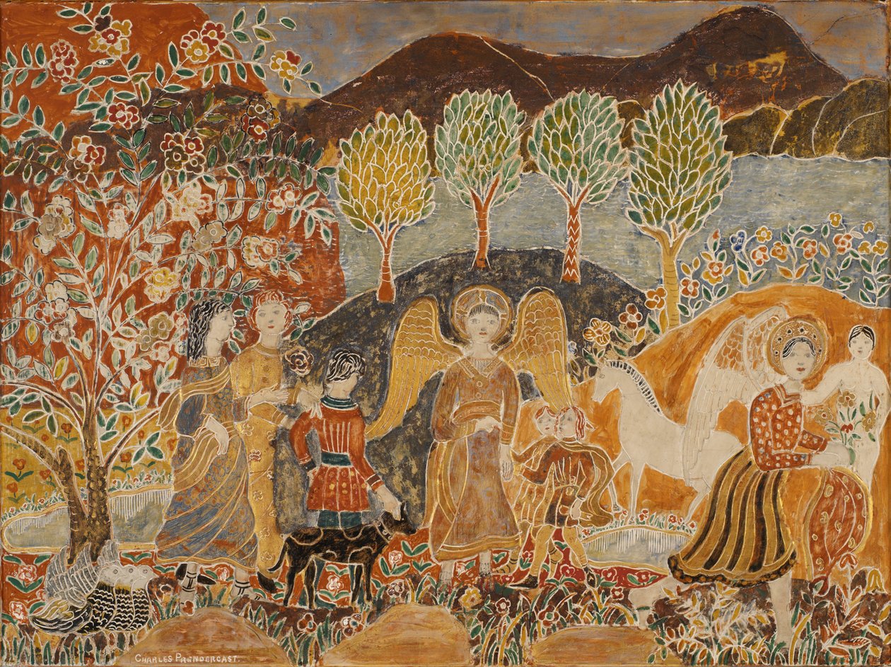 Engle i et landskab (blandet medier på panel) af Charles Prendergast