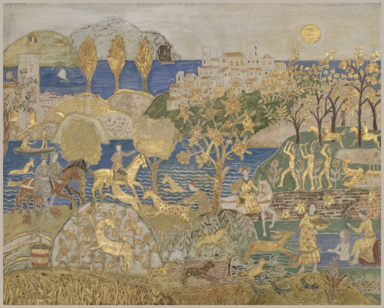 Hill Town, ca. 1928 (tempera, grafit og bladguld på indskåret, gessoed panel) af Charles Prendergast