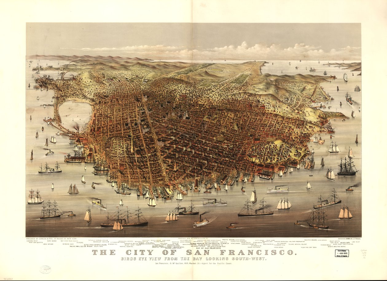 Byen San Francisco. Fugleperspektiv fra bugten set mod sydvest af Charles R. Parsons