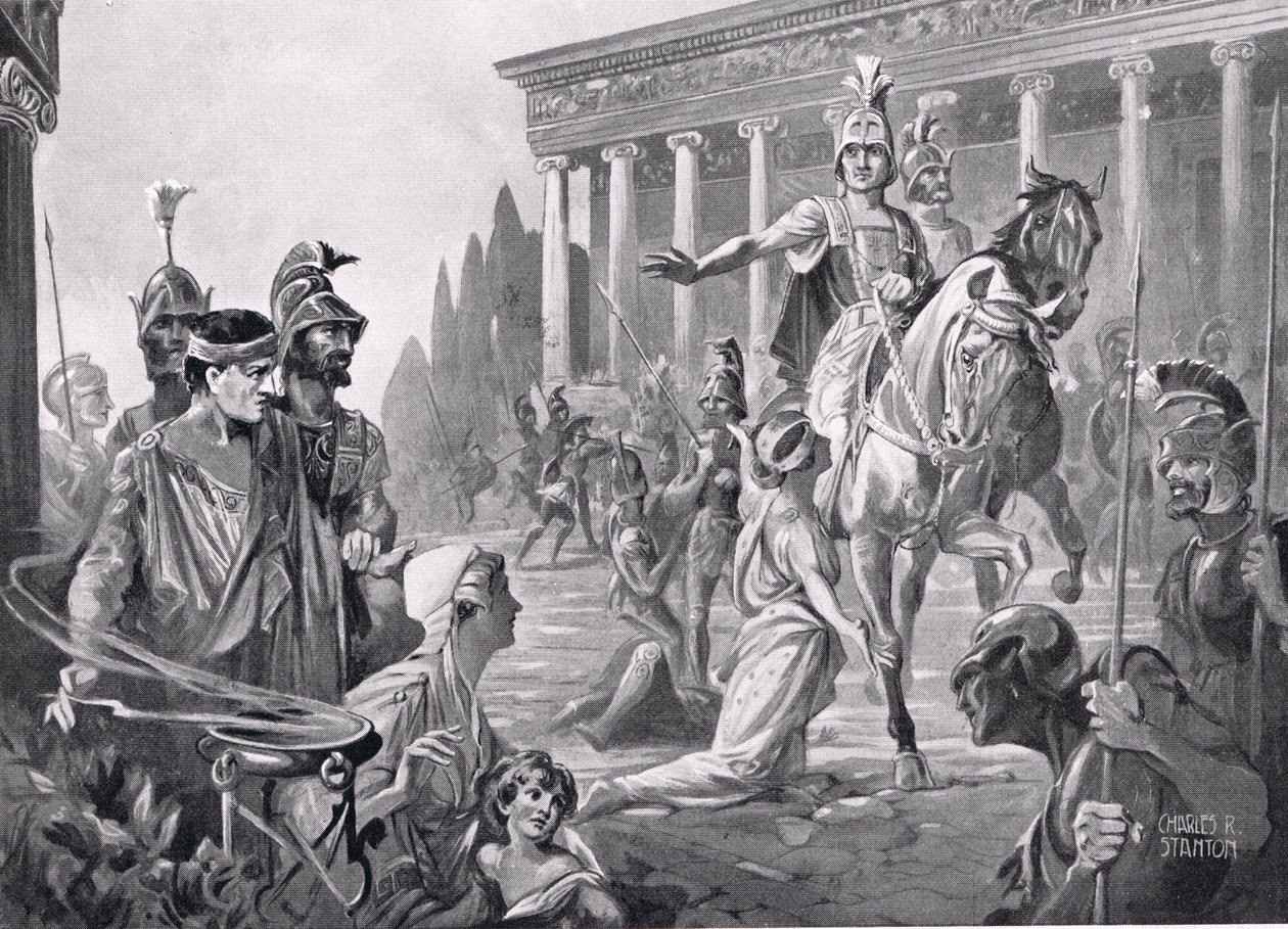 Alexander ved plyndringen af Theben i 335 f.Kr., illustration fra 