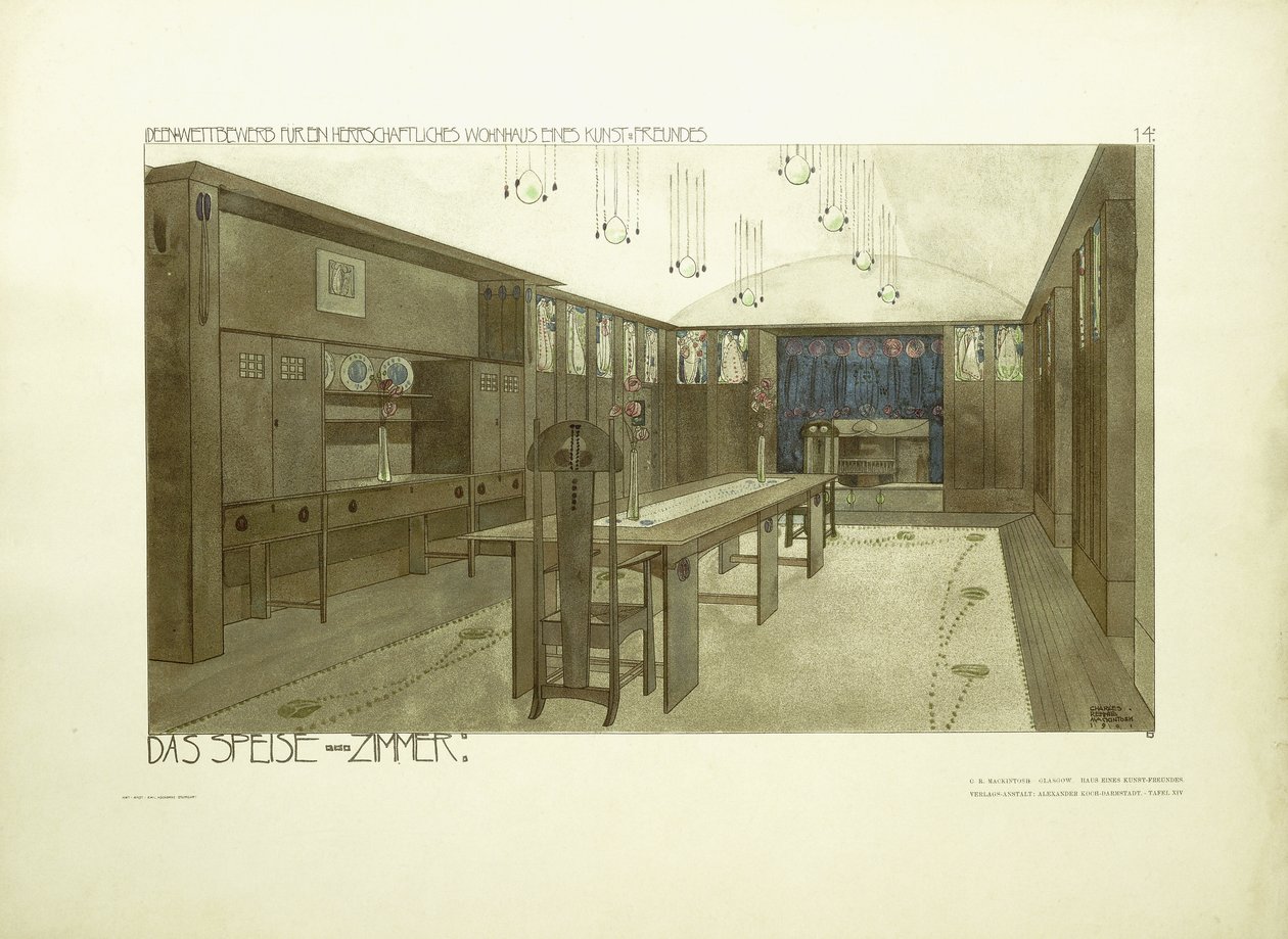 Spisestue, ca. 1901 (farvelitografi) af Charles Rennie (after) Mackintosh