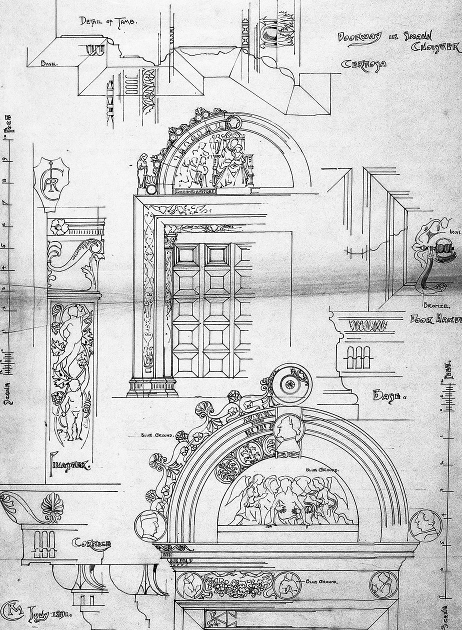 Certosa di Pavia, Døråbning i lille Kloster, 1891 (Side fra skitsebog, blæk på patronpapir) af Charles Rennie Mackintosh