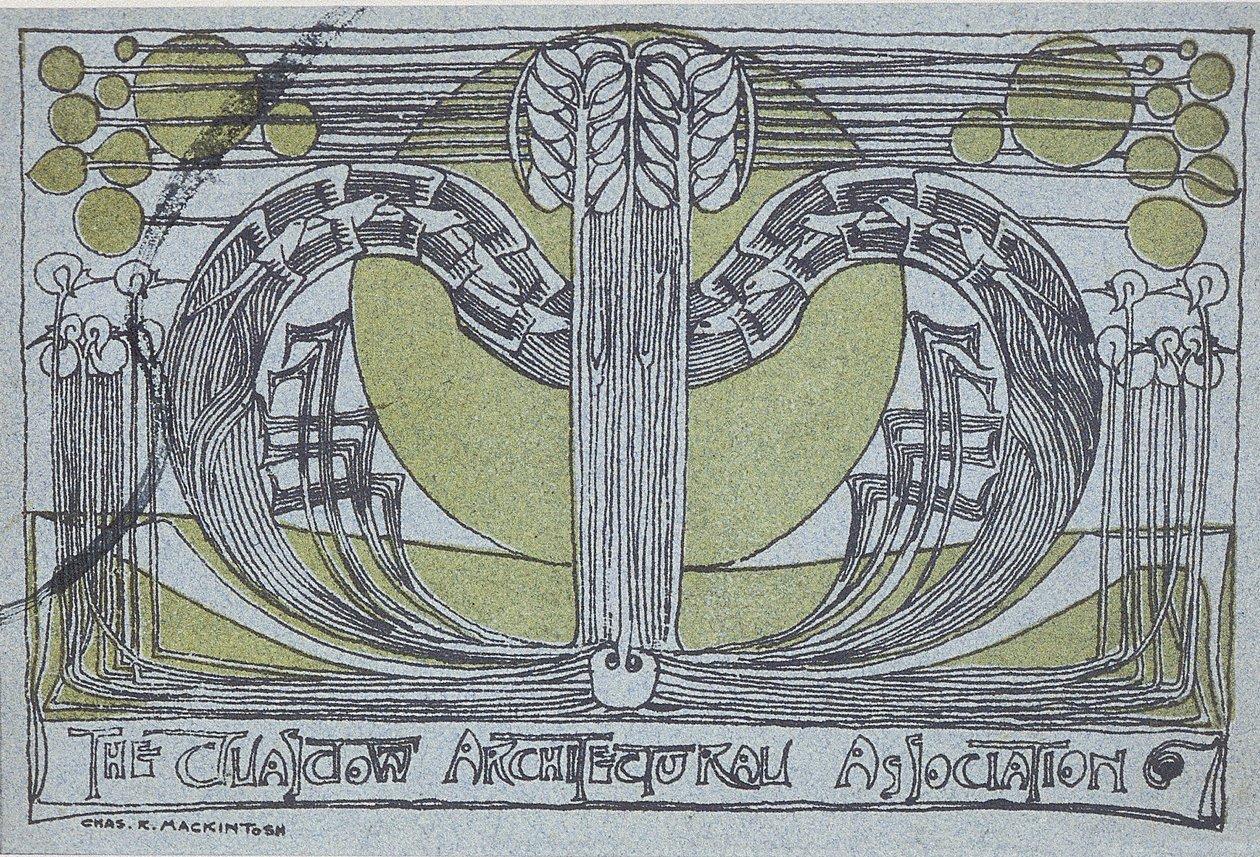 Conversazione Program for Glasgow Architectural Association, 1894 (linosnit trykt i sort og grønt på lyseblåt papir) af Charles Rennie Mackintosh