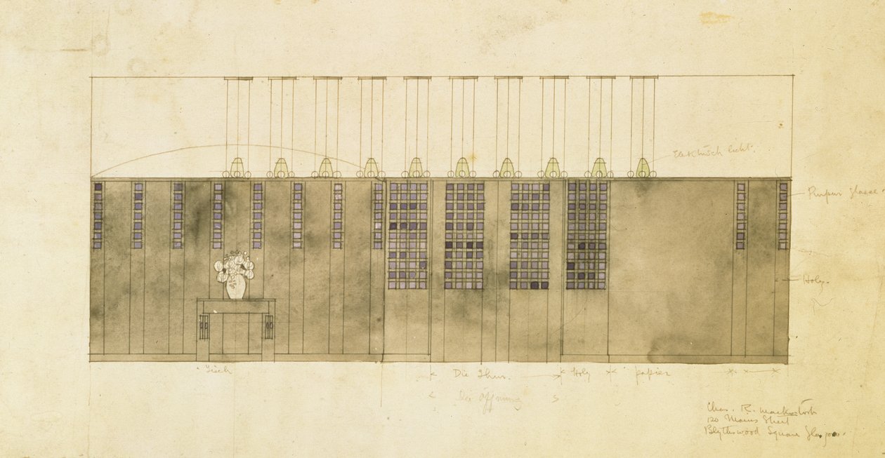 Design til væg, bord og døre, 1905 (wc over pen & blæk på papir) af Charles Rennie Mackintosh