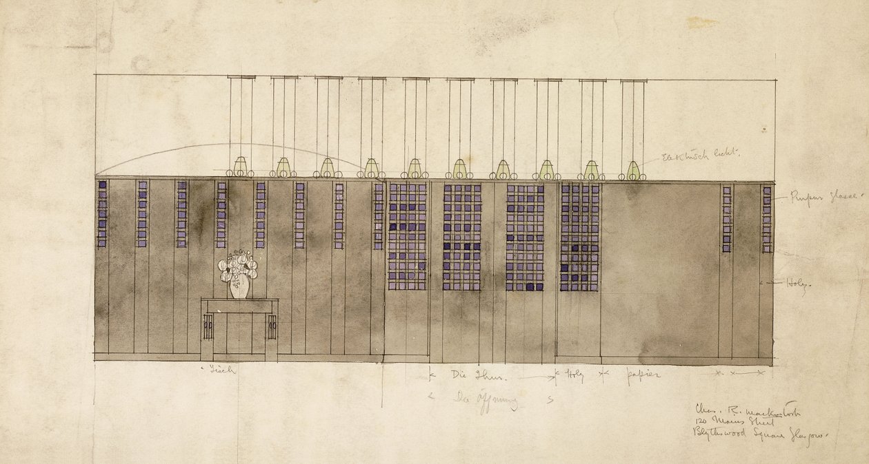 Design til væg, bord og døre, for A.S. Ball, Berlin, 1905 af Charles Rennie Mackintosh