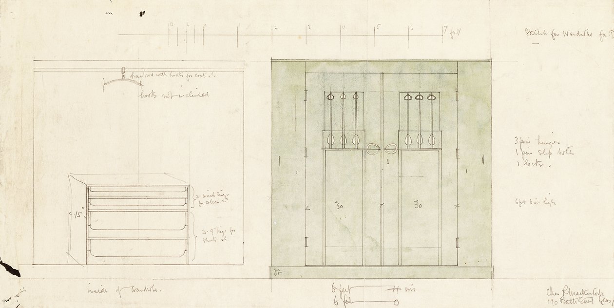Design til et garderobeskab, vist i lodret front og interiør, ca. 1899-1900 (blyant, akvarel) af Charles Rennie Mackintosh