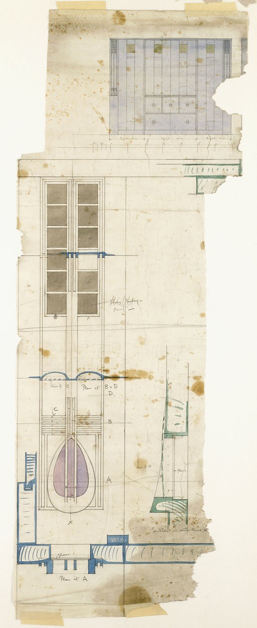 Design til en garderobe, vist i højden, med halv-fuld størrelse detaljer af dekorativt panel, 1904 af Charles Rennie Mackintosh