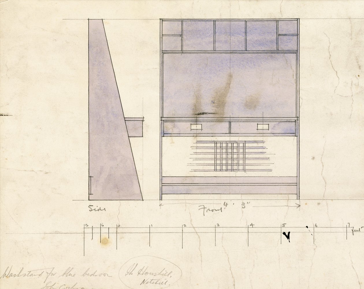 Design til en håndvask, vist i side- og frontbillede, 1904 af Charles Rennie Mackintosh