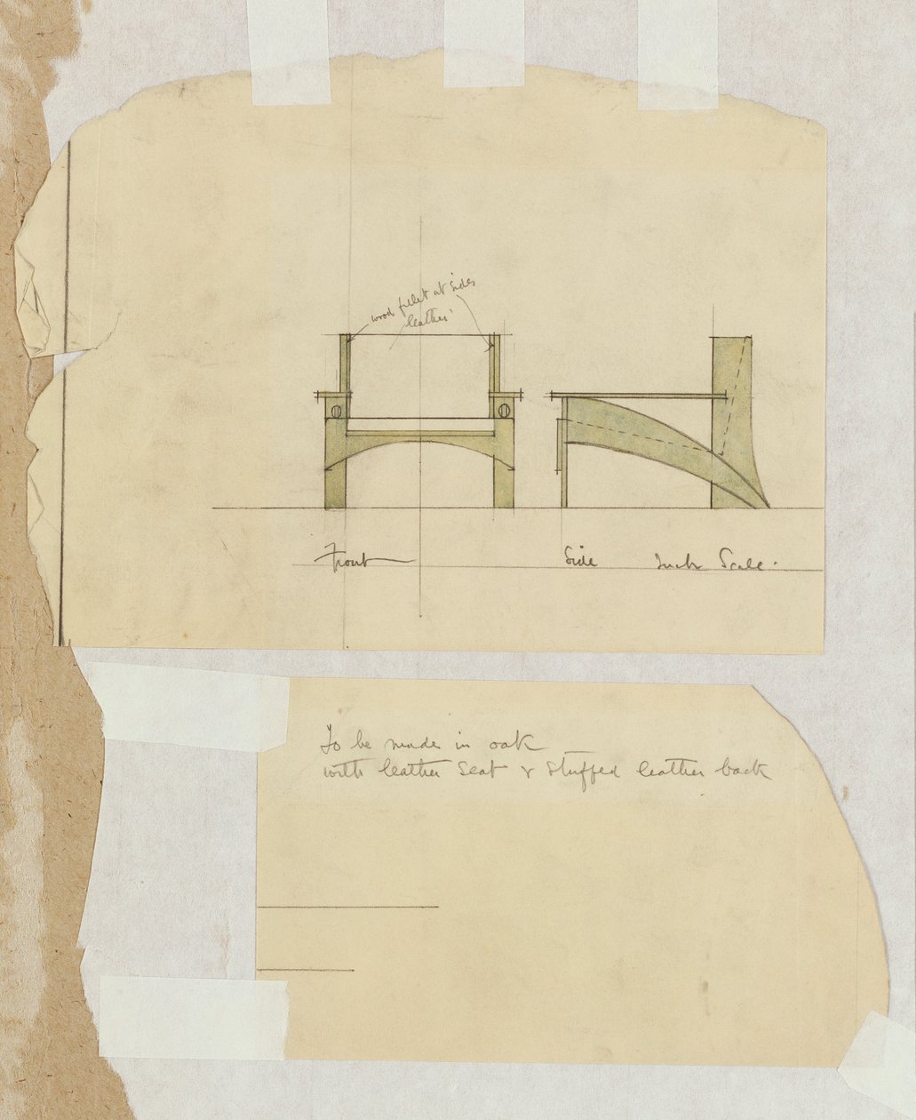Design til en egetræslænestol, vist forfra og fra siden, 1905 af Charles Rennie Mackintosh