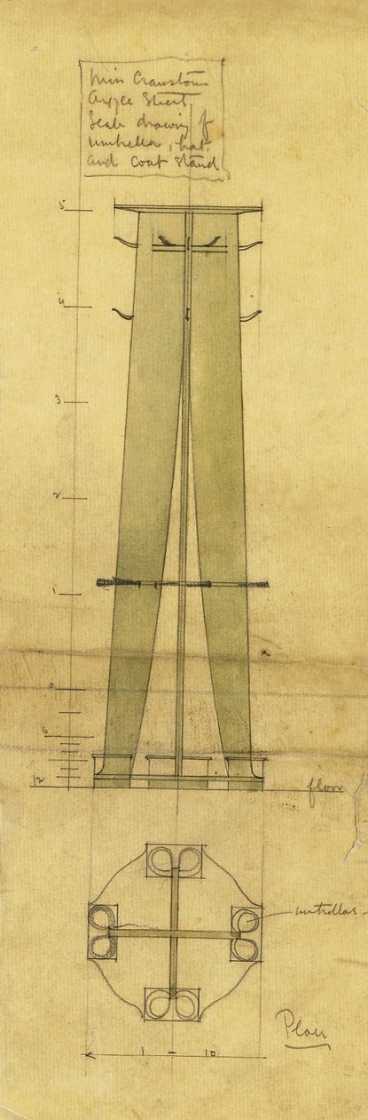 Design til en paraply, hat og frakkeholder, vist i opstalt og plan, ca. 1898-1899 (blyant, akvarel, olieret kalkerpapir) af Charles Rennie Mackintosh