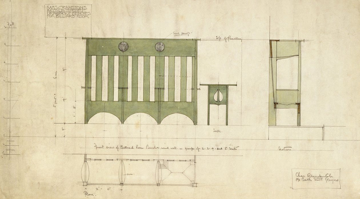 Design til bænke og bord, vist i opstalt og snitplan af Charles Rennie Mackintosh