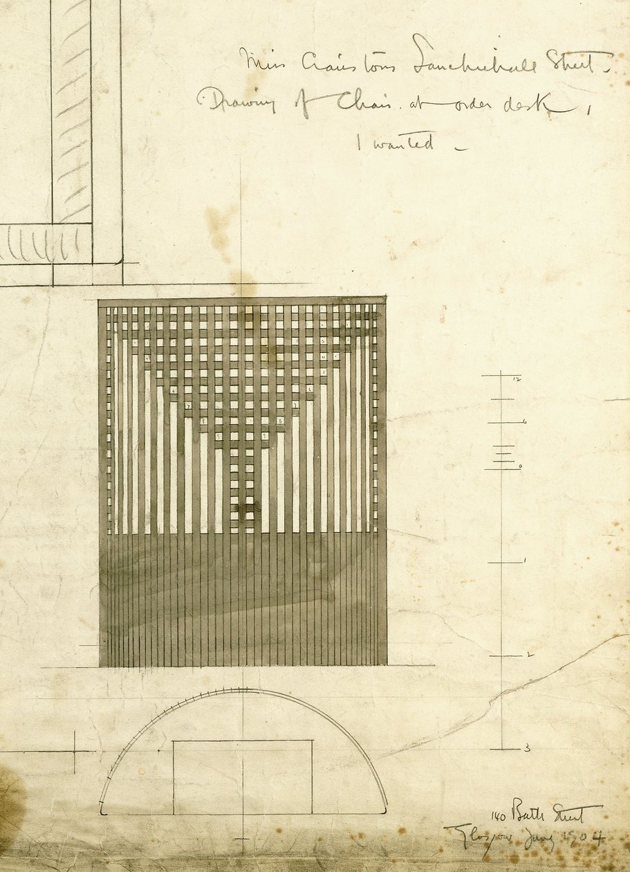 Design til Ordreskrivebordsstolen, vist i opstalt og plan, 1904 af Charles Rennie Mackintosh