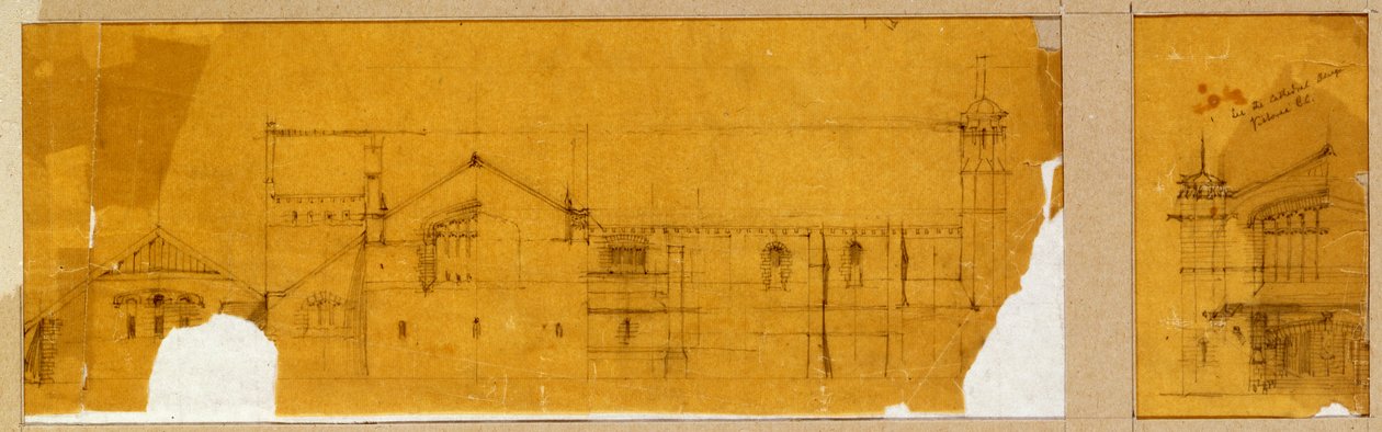 Design til facaden på en kirke vist i forhøjning, og et subsidiært design for indgangen til kirken, vist i forhøjning, ca. 1895-99 af Charles Rennie Mackintosh