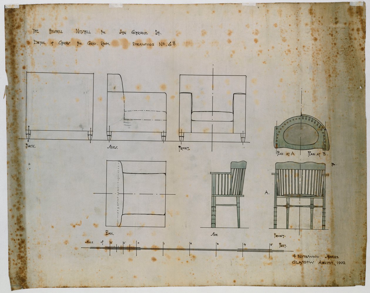 Design til en polstret stol og en spindelstol vist i opstalt og planer af Charles Rennie Mackintosh