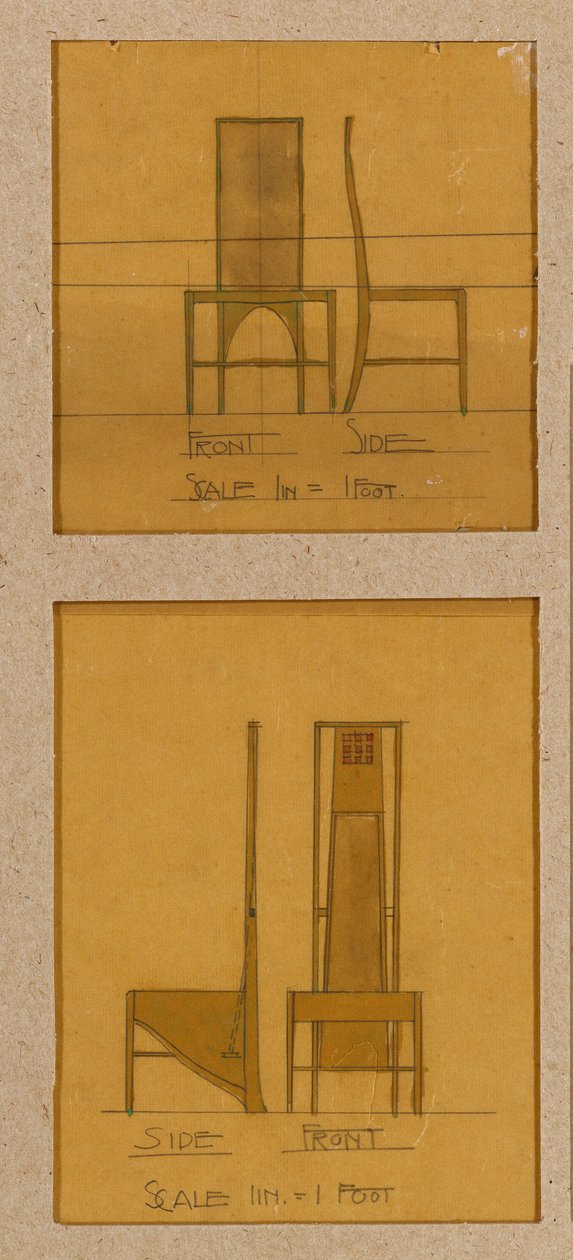Design til stole vist foran og fra siden, til Room de Luxe, Willow Tea Rooms af Charles Rennie Mackintosh