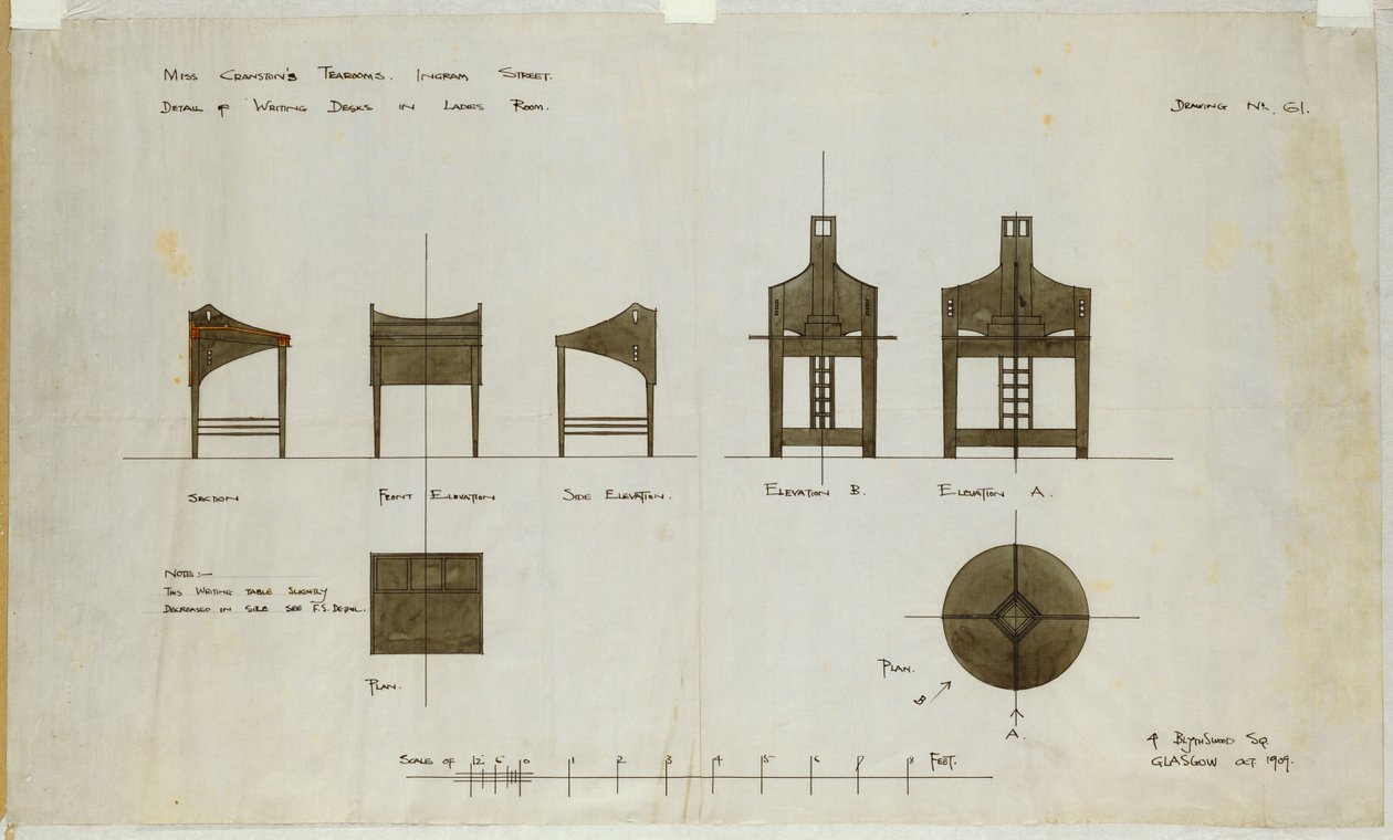 Designs til skriveborde vist foran og fra siden, til Ingram Street Tea Rooms, 1909 af Charles Rennie Mackintosh