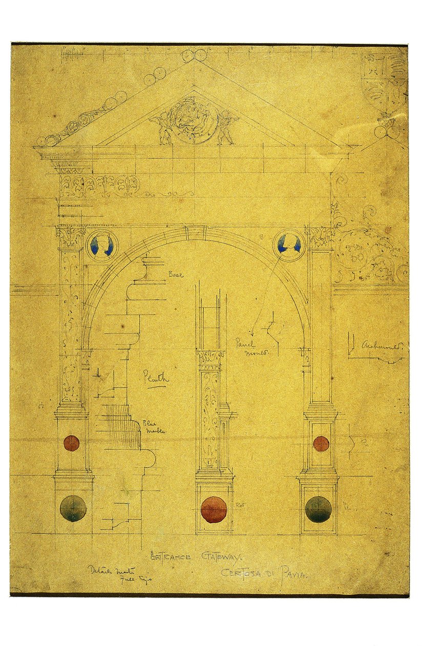 Entrance Gateway, Certosa di Pavia, 1891 (blyant og akvarel på papir) af Charles Rennie Mackintosh