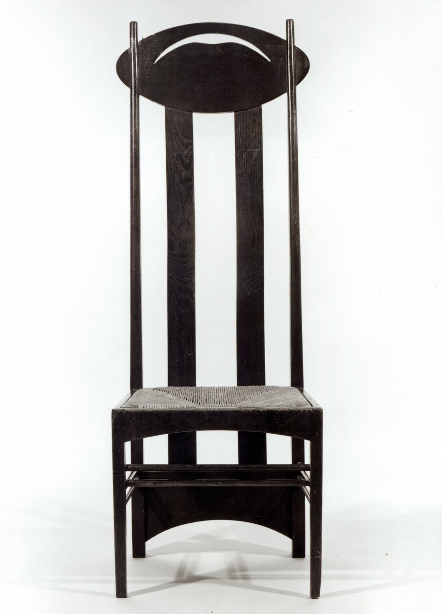 Stol med højt ryglæn, ca.1897 (mørkbejdset egetræ med sæde af siv og gennembrudte ovale rygskinner) af Charles Rennie Mackintosh