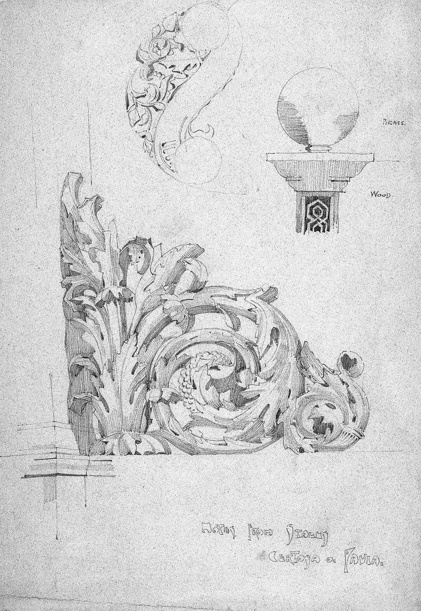 Noter fra Itally [sic], Certosa di Pavia, 1891 (blyant på blåt papir) af Charles Rennie Mackintosh