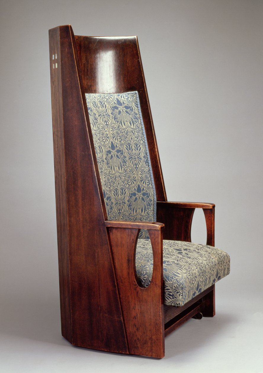 En af et par lænestole til det blå soveværelse, HousHill, Glasgow, 1905 (bejdset eg med indlæg af perlemor) af Charles Rennie Mackintosh