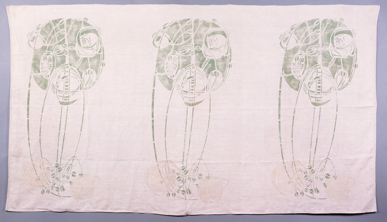 Panel med tre stiliserede rosenmotiver i grønt og cremefarvet, for den ene bagside af et hjørne, slå sig ned i tegnestuen ved 14 Kingsborough Gardens, ca. 1900 (stencileret linned) af Charles Rennie Mackintosh