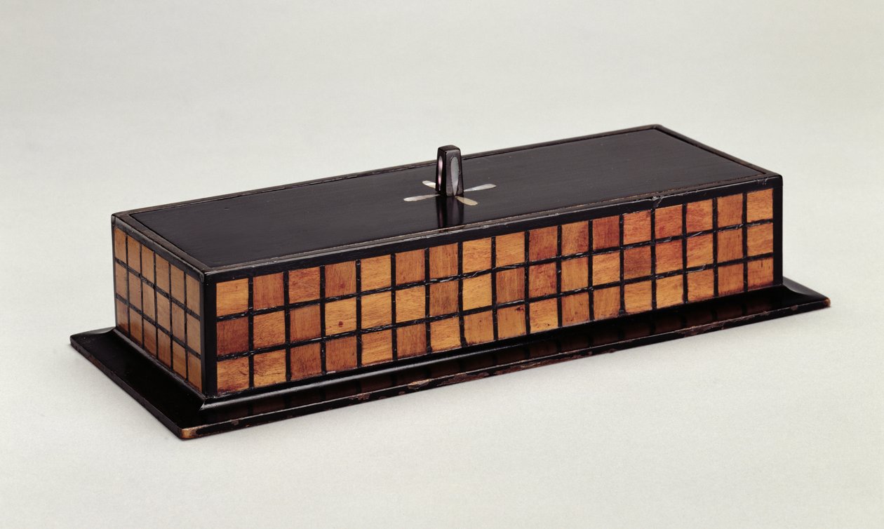 Penneboks til det hvide soveværelse, HousHill, Glasgow (eboniseret træ indlagt med perlemor og valnød) af Charles Rennie Mackintosh