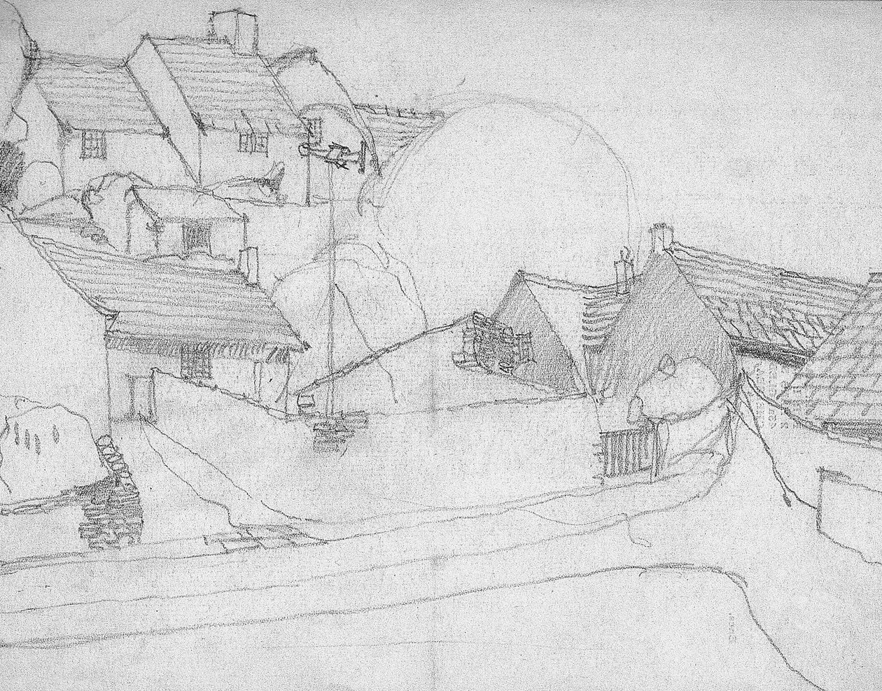 Skitse af engelsk landsby, ca. 1920 af Charles Rennie Mackintosh