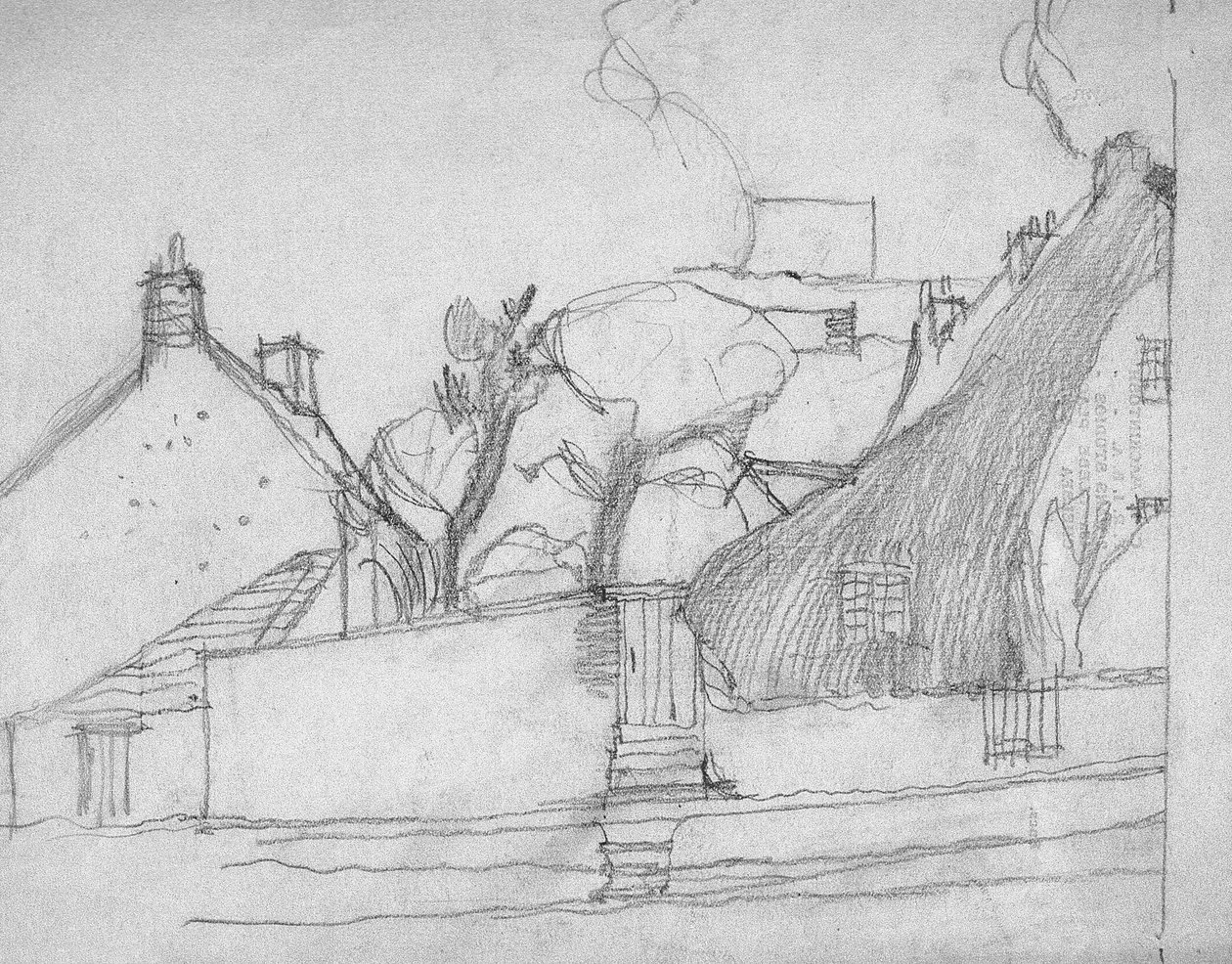 Skitse af engelsk landsby med stråtækt tag i forgrunden, ca. 1920 af Charles Rennie Mackintosh