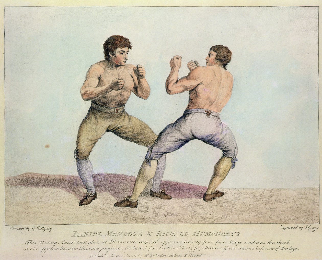 Boksningskamp mellem Daniel Mendoza og Richard Humphreys, 29. september 1790 (håndkoloreret radering) af Charles Reuben Ryley