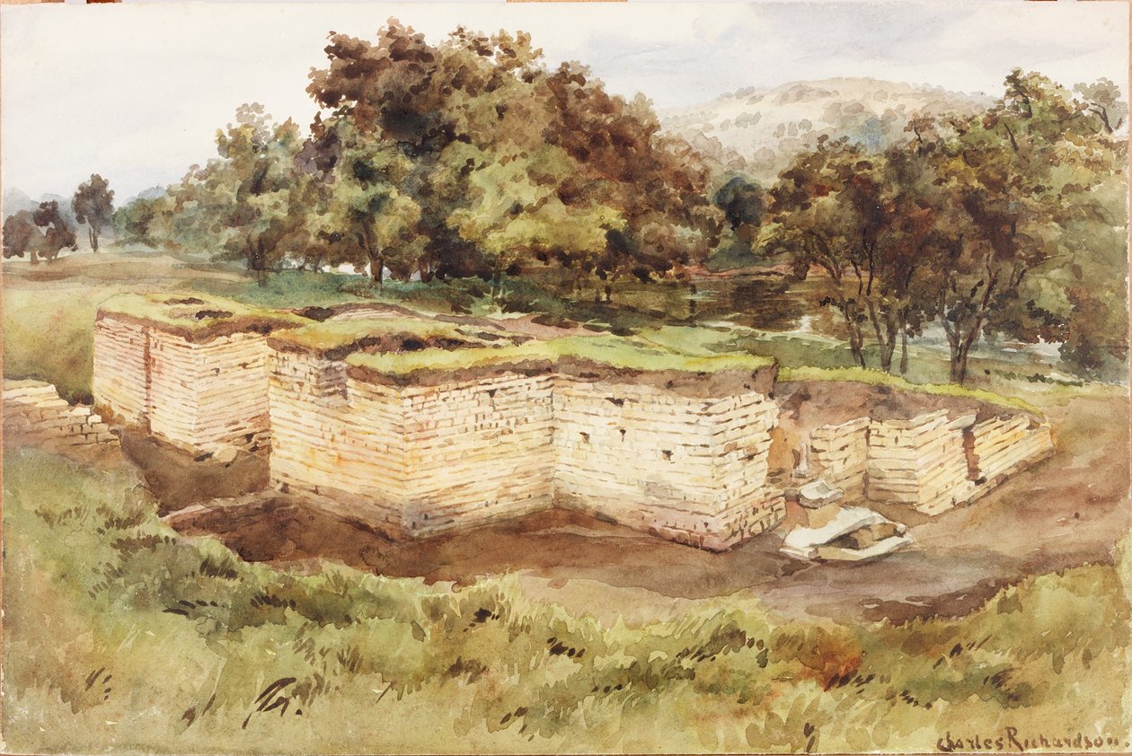 Chesters Bath House fra det sydvestlige (kropsfarve, blyant og wc på papir) af Charles Richardson