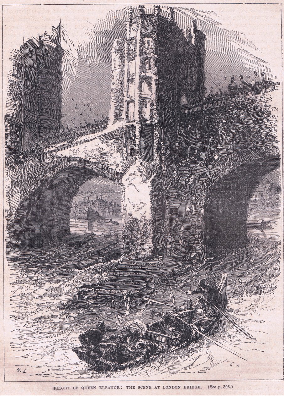 Dronning Eleanors flugt: scene ved London Bridge AD 1263 af Charles Ricketts