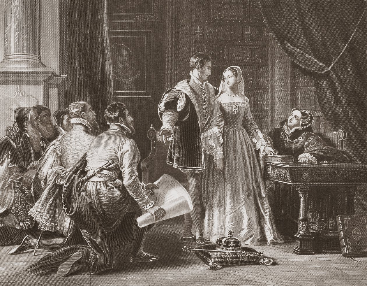 Lady Jane Greys modvilje mod at acceptere kronen, indgraveret af A.H. Payne (litho) af Charles Robert (after) Leslie