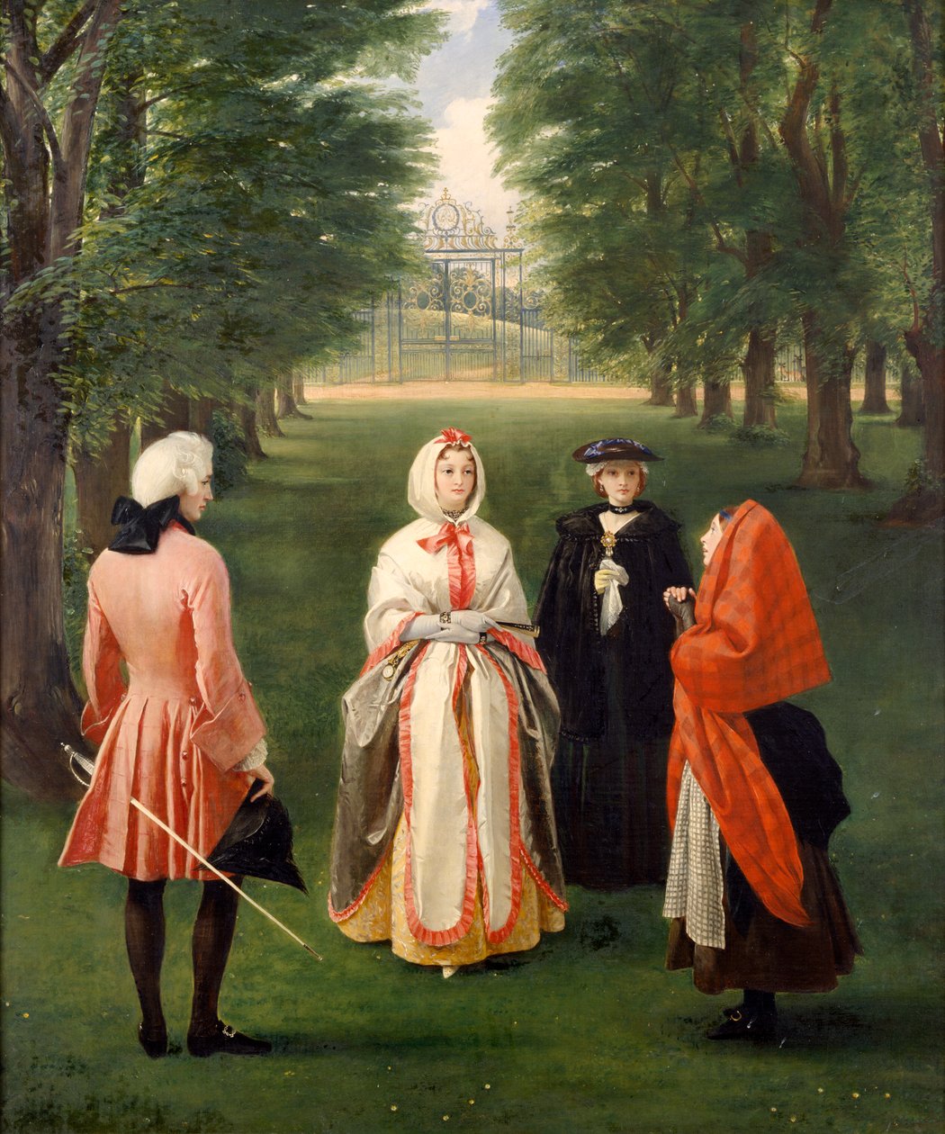 Jeanie Deans bønfalder dronning Caroline i nærværelse af hertugen af Argyll og Lady Suffolk (olie på lærred) af Charles Robert Leslie