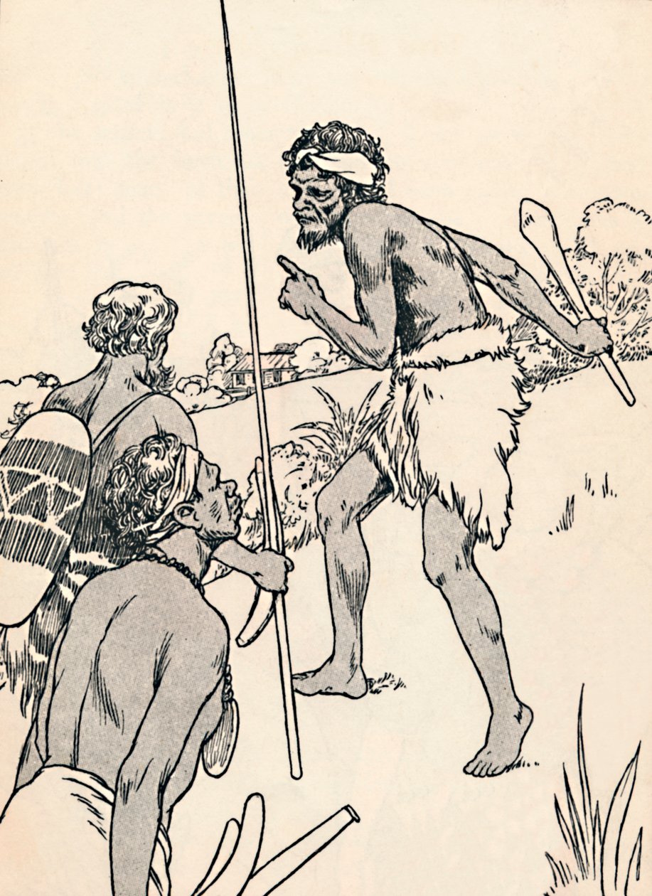 Aboriginale mænd nærmer sig en nybyggergård, 1912 af Charles Robinson