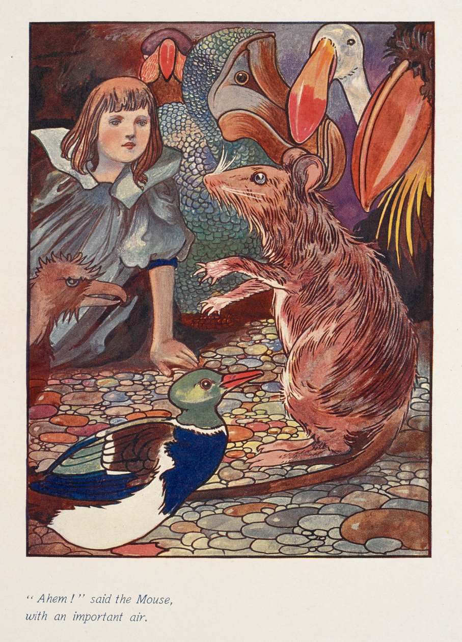 "Ahem!" sagde musen med en vigtig mine.
Alice med en mus og andre dyr. af Charles Robinson