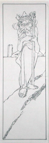 Han holdt et scepter i hånden og bar en krone på panden, illustration fra 