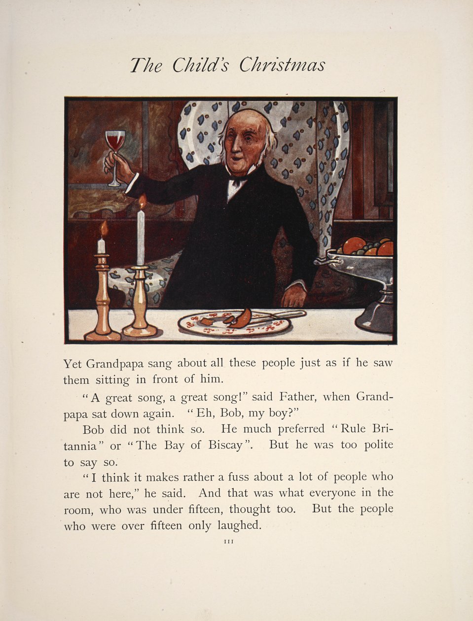 Illustrationen viser en mand, der hæver sit glas ved et julemåltid. af Charles Robinson