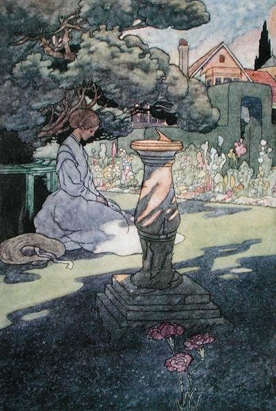 Solens sidste stråler, udgivet 1912 (farve litho) af Charles Robinson