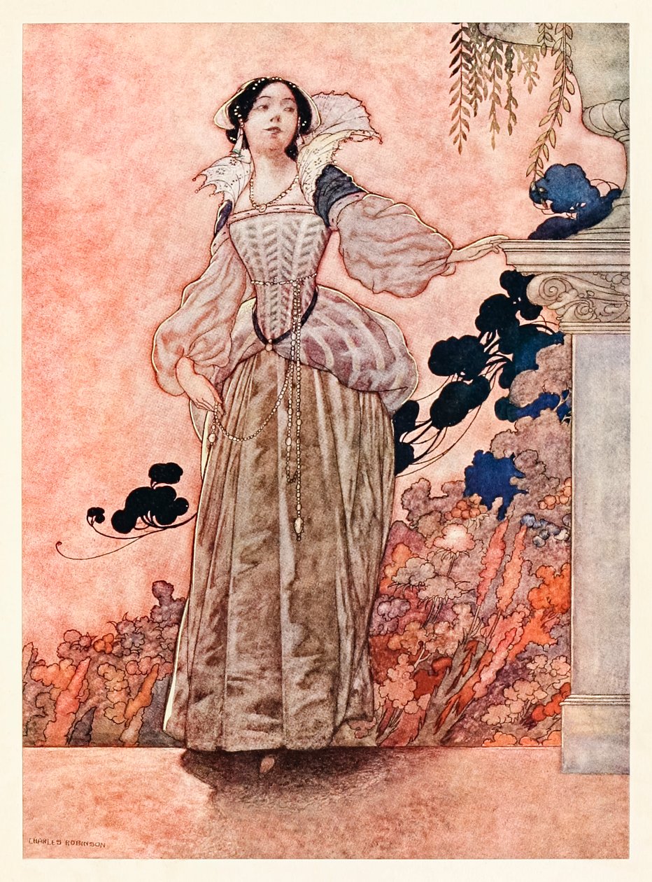 "Min elskerindes bryn er ravnesort" fra "Of His Lady Love" i The Songs and Sonnets of William Shakespeare af Charles Robinson