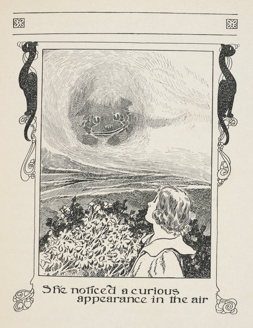 Hun bemærkede en mærkelig fremtoning i luften.
Alice og Cheshire-katten. af Charles Robinson